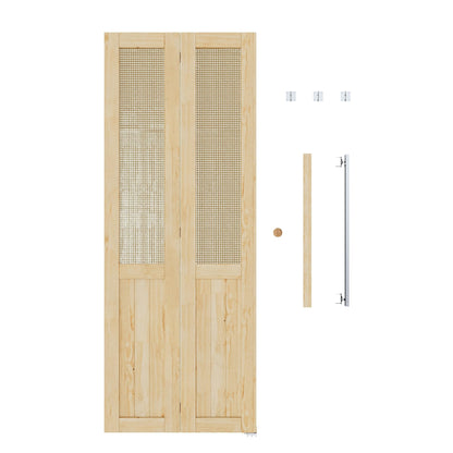JUJUBON  Rattan Bifold Closet Door, Cane Webbing & Pine Wood Interior Door Slab, Folding Barn Door Interior with Hardware, Fascia & Knob, Unfnished Smooth Surface