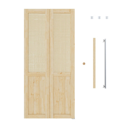 JUJUBON  Rattan Bifold Closet Door, Cane Webbing & Pine Wood Interior Door Slab, Folding Barn Door Interior with Hardware, Fascia & Knob, Unfnished Smooth Surface