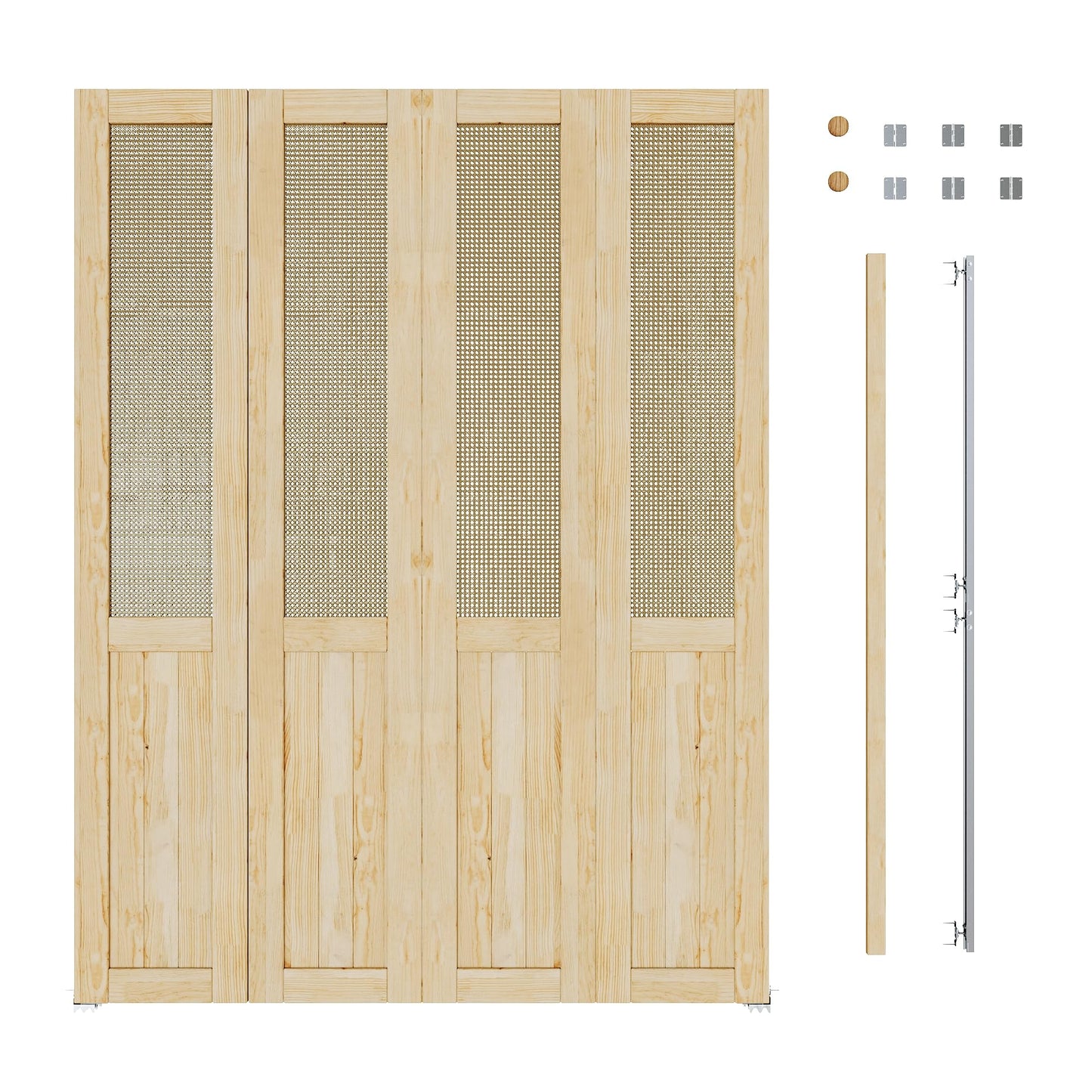 JUJUBON  Rattan Bifold Closet Door, Cane Webbing & Pine Wood Interior Door Slab, Folding Barn Door Interior with Hardware, Fascia & Knob, Unfnished Smooth Surface