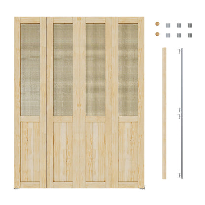 JUJUBON  Rattan Bifold Closet Door, Cane Webbing & Pine Wood Interior Door Slab, Folding Barn Door Interior with Hardware, Fascia & Knob, Unfnished Smooth Surface