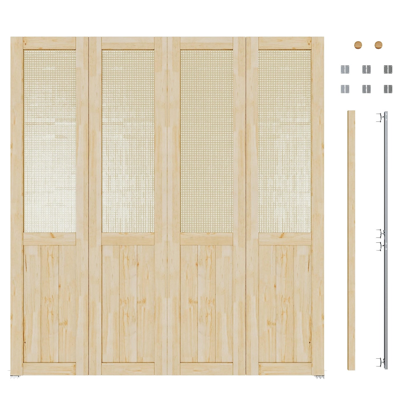 JUJUBON  Rattan Bifold Closet Door, Cane Webbing & Pine Wood Interior Door Slab, Folding Barn Door Interior with Hardware, Fascia & Knob, Unfnished Smooth Surface