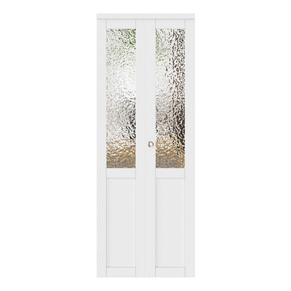 JUJUBON Bi-Fold Doors for Opening, Half Tempered Frosted Glass Closet Door with MDF Panel & PVC Covered & Hardware Kit Included, Interior Folding Door Easy Assembly