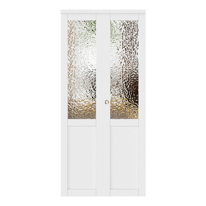 JUJUBON Bi-Fold Doors for Opening, Half Tempered Frosted Glass Closet Door with MDF Panel & PVC Covered & Hardware Kit Included, Interior Folding Door Easy Assembly