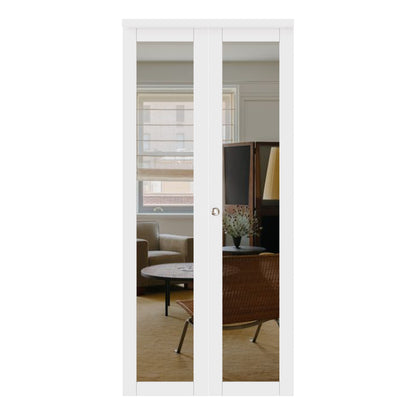 JUJUBON Bi-Fold Doors, One Side Mirrored Closet Door with Hardware Kit, Solid MDF Interior Folding Door Easy Install-White