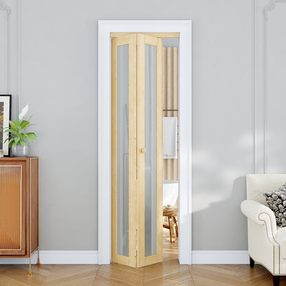 JUJUBON Glass Bifold Closet Door, Pine Wood Interior Door Slab with Tempered Frosted Glass, Folding Barn Door Interior with Hardware, Fascia & Knob, Unfnished Smooth Surface