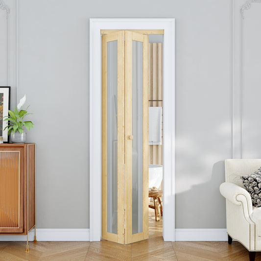 JUJUBON Glass Bifold Closet Door, Pine Wood Interior Door Slab with Tempered Frosted Glass, Folding Barn Door Interior with Hardware, Fascia & Knob, Unfnished Smooth Surface