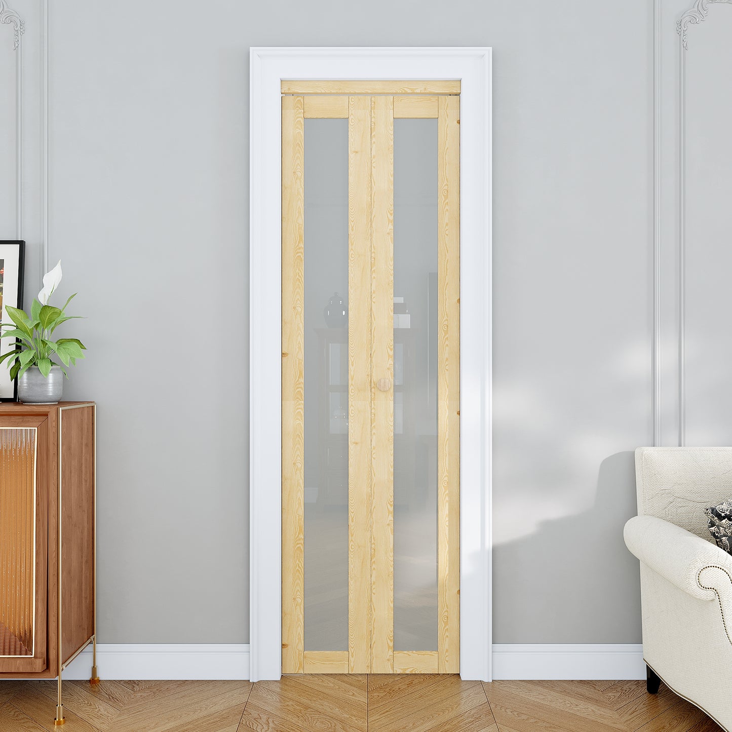 JUJUBON Glass Bifold Closet Door, Pine Wood Interior Door Slab with Tempered Frosted Glass, Folding Barn Door Interior with Hardware, Fascia & Knob, Unfnished Smooth Surface