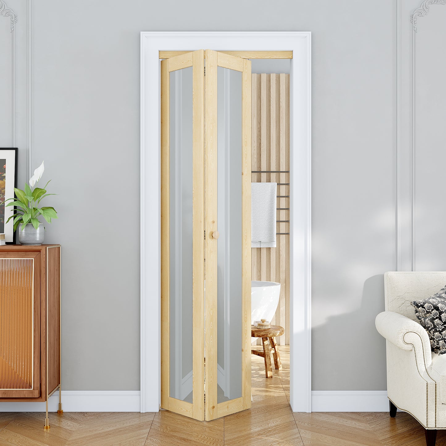 JUJUBON Glass Bifold Closet Door, Pine Wood Interior Door Slab with Tempered Frosted Glass, Folding Barn Door Interior with Hardware, Fascia & Knob, Unfnished Smooth Surface