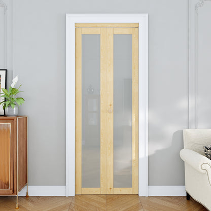 JUJUBON Glass Bifold Closet Door, Pine Wood Interior Door Slab with Tempered Frosted Glass, Folding Barn Door Interior with Hardware, Fascia & Knob, Unfnished Smooth Surface