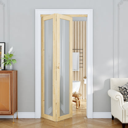 JUJUBON Glass Bifold Closet Door, Pine Wood Interior Door Slab with Tempered Frosted Glass, Folding Barn Door Interior with Hardware, Fascia & Knob, Unfnished Smooth Surface