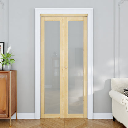 JUJUBON Glass Bifold Closet Door, Pine Wood Interior Door Slab with Tempered Frosted Glass, Folding Barn Door Interior with Hardware, Fascia & Knob, Unfnished Smooth Surface