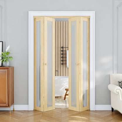 JUJUBON Glass Bifold Closet Door, Pine Wood Interior Door Slab with Tempered Frosted Glass, Folding Barn Door Interior with Hardware, Fascia & Knob, Unfnished Smooth Surface