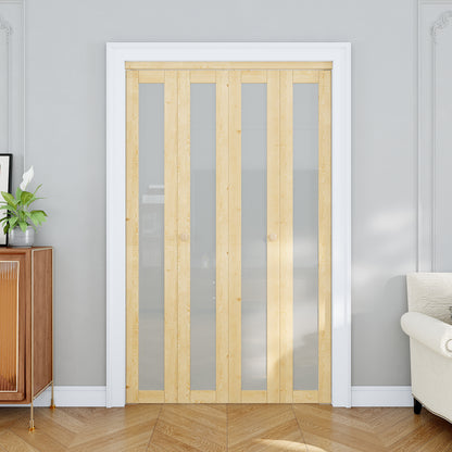 JUJUBON Glass Bifold Closet Door, Pine Wood Interior Door Slab with Tempered Frosted Glass, Folding Barn Door Interior with Hardware, Fascia & Knob, Unfnished Smooth Surface