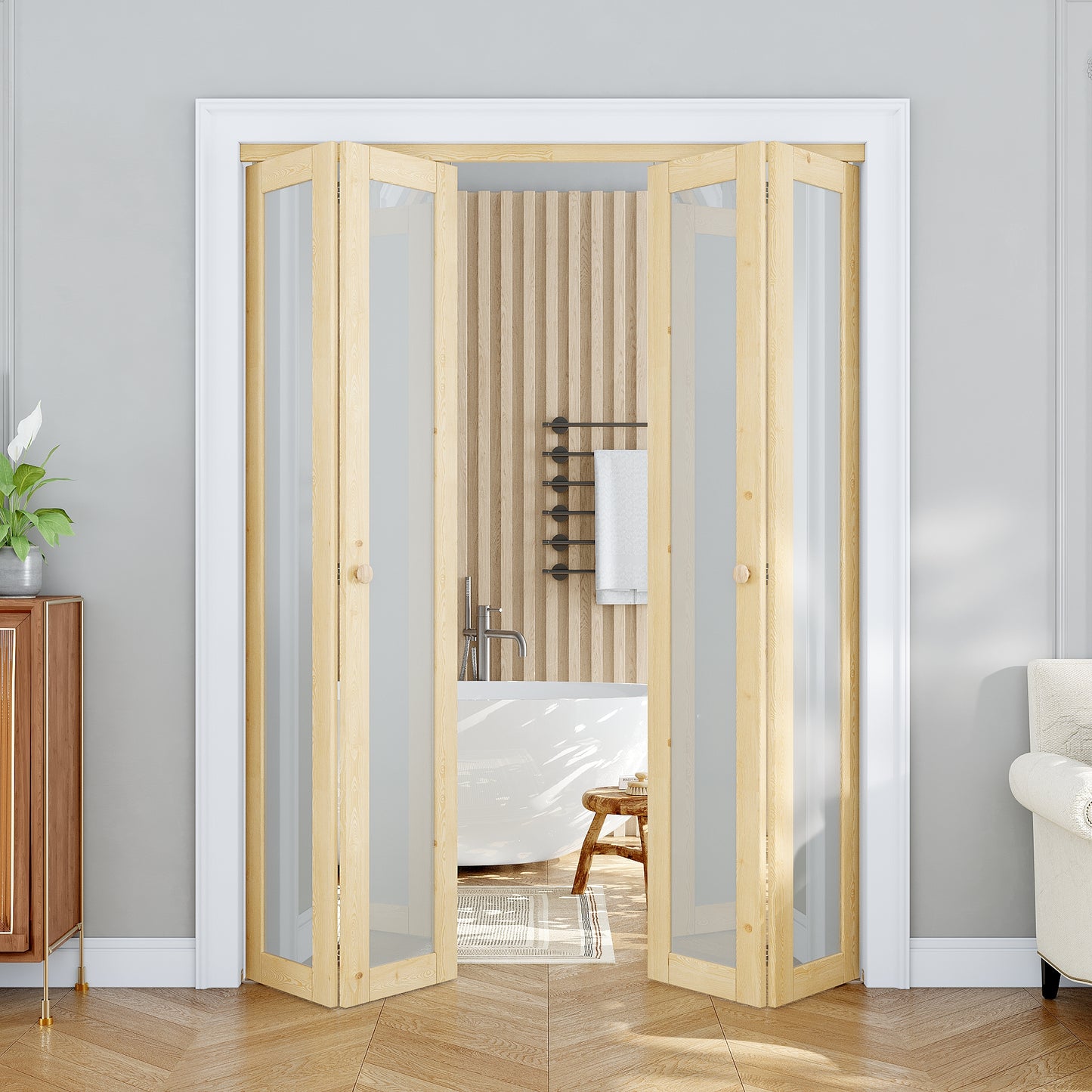 JUJUBON Glass Bifold Closet Door, Pine Wood Interior Door Slab with Tempered Frosted Glass, Folding Barn Door Interior with Hardware, Fascia & Knob, Unfnished Smooth Surface