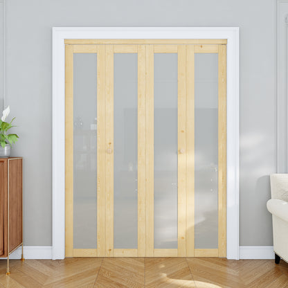 JUJUBON Glass Bifold Closet Door, Pine Wood Interior Door Slab with Tempered Frosted Glass, Folding Barn Door Interior with Hardware, Fascia & Knob, Unfnished Smooth Surface
