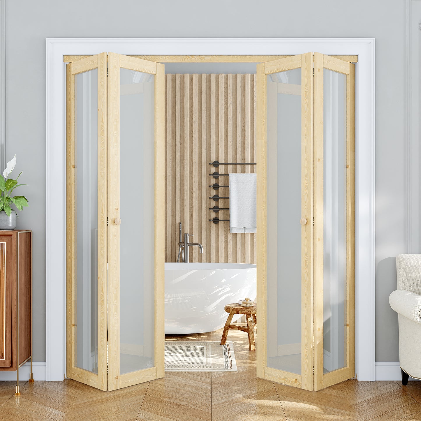 JUJUBON Glass Bifold Closet Door, Pine Wood Interior Door Slab with Tempered Frosted Glass, Folding Barn Door Interior with Hardware, Fascia & Knob, Unfnished Smooth Surface