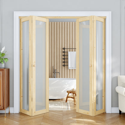 JUJUBON Glass Bifold Closet Door, Pine Wood Interior Door Slab with Tempered Frosted Glass, Folding Barn Door Interior with Hardware, Fascia & Knob, Unfnished Smooth Surface