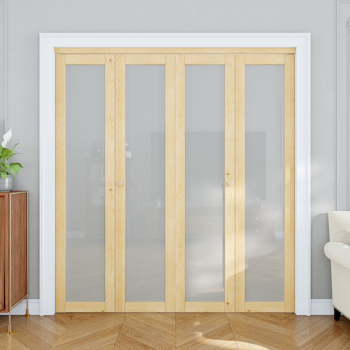 JUJUBON Glass Bifold Closet Door, Pine Wood Interior Door Slab with Tempered Frosted Glass, Folding Barn Door Interior with Hardware, Fascia & Knob, Unfnished Smooth Surface