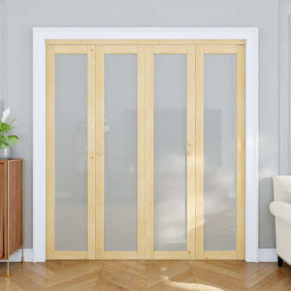 JUJUBON Glass Bifold Closet Door, Pine Wood Interior Door Slab with Tempered Frosted Glass, Folding Barn Door Interior with Hardware, Fascia & Knob, Unfnished Smooth Surface