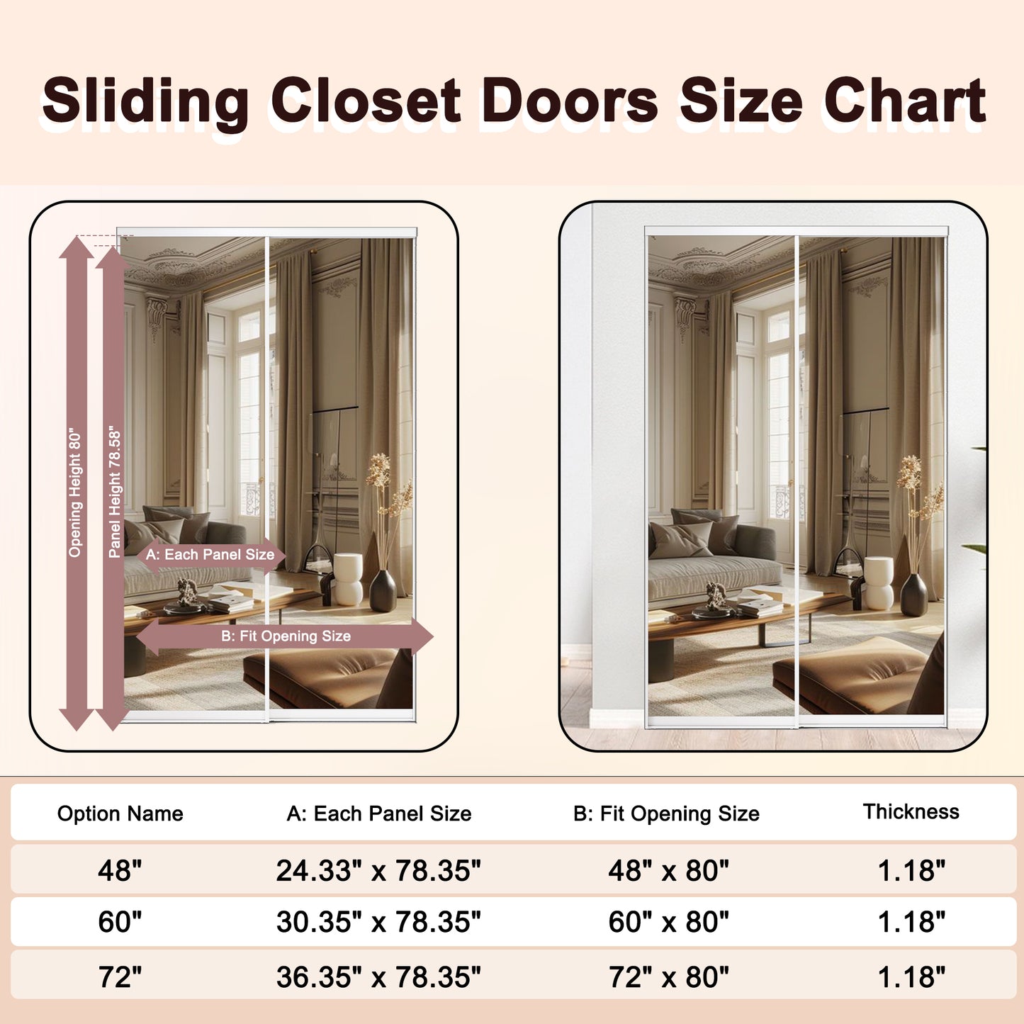 Mirrored Sliding Closet Door, Build Quality One Side Mirror Door for Bedrooms, Aluminum Frame Interior Door with Hardware Kit & Guide, Easy to Install