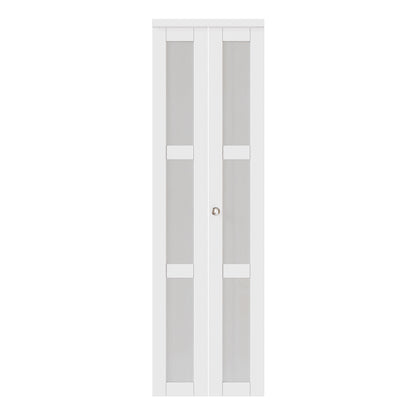 JUJUBON Bifold Doors, 3-Lite Tempered Frosted Glass Closet Door with Sliding Hardware Kit, Interior Bifold Doors for Pantry, Solid Build Quality & Easy Install, White