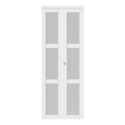 JUJUBON Bifold Doors, 3-Lite Tempered Frosted Glass Closet Door with Sliding Hardware Kit, Interior Bifold Doors for Pantry, Solid Build Quality & Easy Install, White