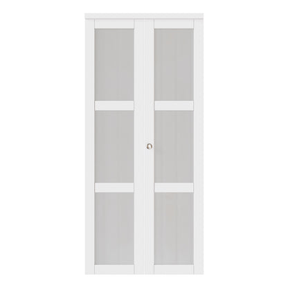 JUJUBON Bifold Doors, 3-Lite Tempered Frosted Glass Closet Door with Sliding Hardware Kit, Interior Bifold Doors for Pantry, Solid Build Quality & Easy Install, White