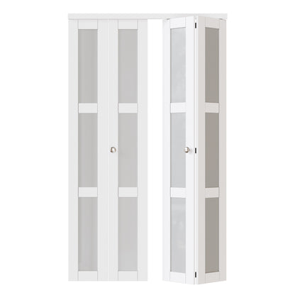 JUJUBON Bifold Doors, 3-Lite Tempered Frosted Glass Closet Door with Sliding Hardware Kit, Interior Bifold Doors for Pantry, Solid Build Quality & Easy Install, White