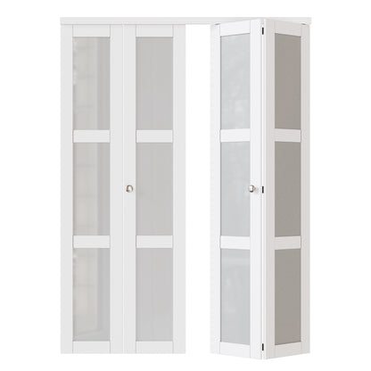 JUJUBON Bifold Doors, 3-Lite Tempered Frosted Glass Closet Door with Sliding Hardware Kit, Interior Bifold Doors for Pantry, Solid Build Quality & Easy Install, White