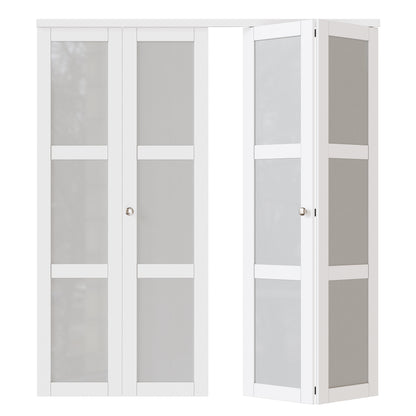 JUJUBON Bifold Doors, 3-Lite Tempered Frosted Glass Closet Door with Sliding Hardware Kit, Interior Bifold Doors for Pantry, Solid Build Quality & Easy Install, White