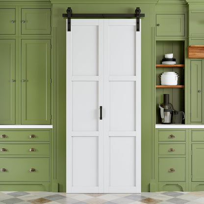 Bifold Barn Door with Sliding Track & Hardware Kit, No Assembly Required, 3 Panels Paintable Bi-Fold Sliding Barn Doors for Closet, Pre-Drilled Holes, White