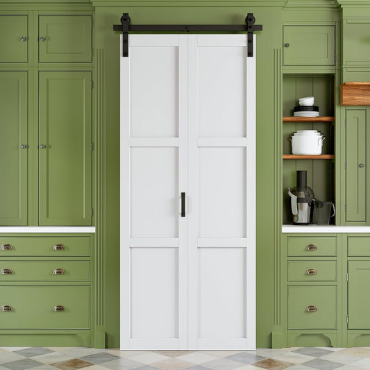 Bifold Barn Door with Sliding Track & Hardware Kit, No Assembly Required, 3 Panels Paintable Bi-Fold Sliding Barn Doors for Closet, Pre-Drilled Holes, White