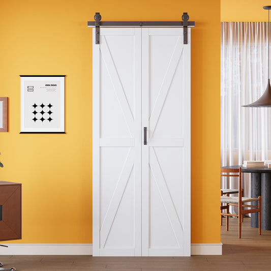 K Panel Closet Bifold Barn Door with Hardware Kit & Handle, Solid Core MDF Wood & Prefinished & Paintable Surface, White