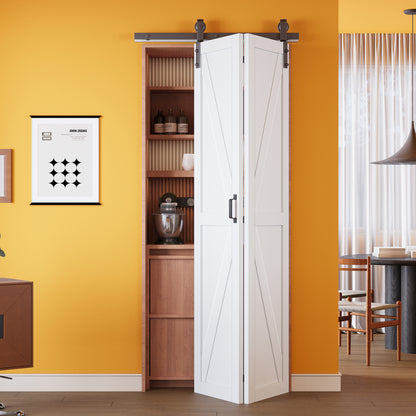 K Panel Closet Bifold Barn Door with Hardware Kit & Handle, Solid Core MDF Wood & Prefinished & Paintable Surface, White