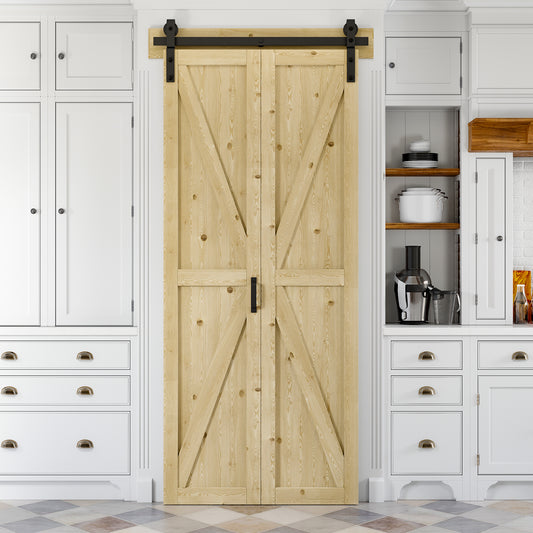 Bifold Barn Door, Unfinished Pine Wood K Shape Bifold Barn Door with Header Board & Hardware Kit Included, Folding Barn Door Panels No-Assembly Required