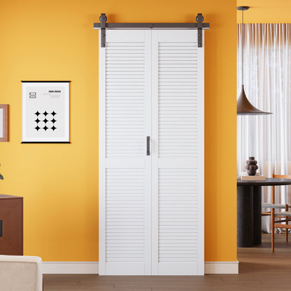 Louvered Closet Bifold Barn Door with Hardware Kit & Handle, Solid Core MDF Wood & PVC Covered, Finished, White
