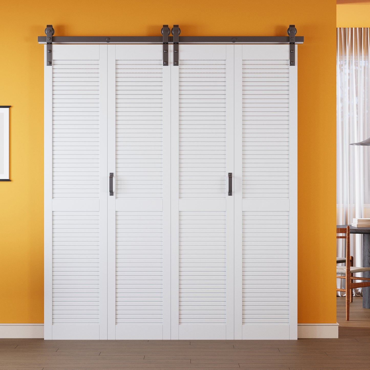 Louvered Closet Bifold Barn Door with Hardware Kit & Handle, Solid Core MDF Wood & PVC Covered, Finished, White