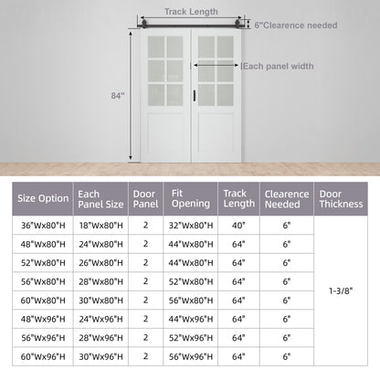 Paintable Bifold Barn Door, 6-Lite Tempered Frosted Glass Barn Door Bifold Closet Doors with Hardware Kit Included, Water-Resistant Pre-Assembled MDF Panels, Smooth Sliding Easy Install