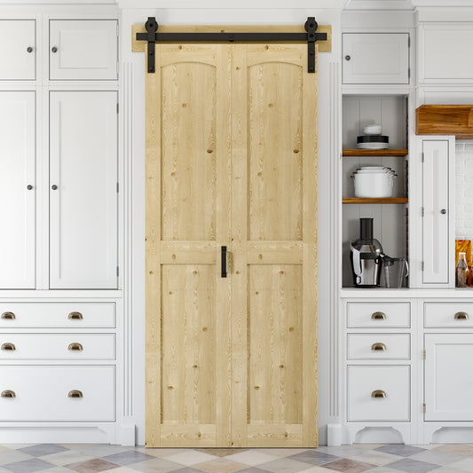 Bifold Barn Door , Pre-Assembled Unfinished Pine Wood Panels, Bi-Fold Sliding Closet Doors with Header Board & Hardware Kit Included, Water-Resistant Pine Surface, H-Frame