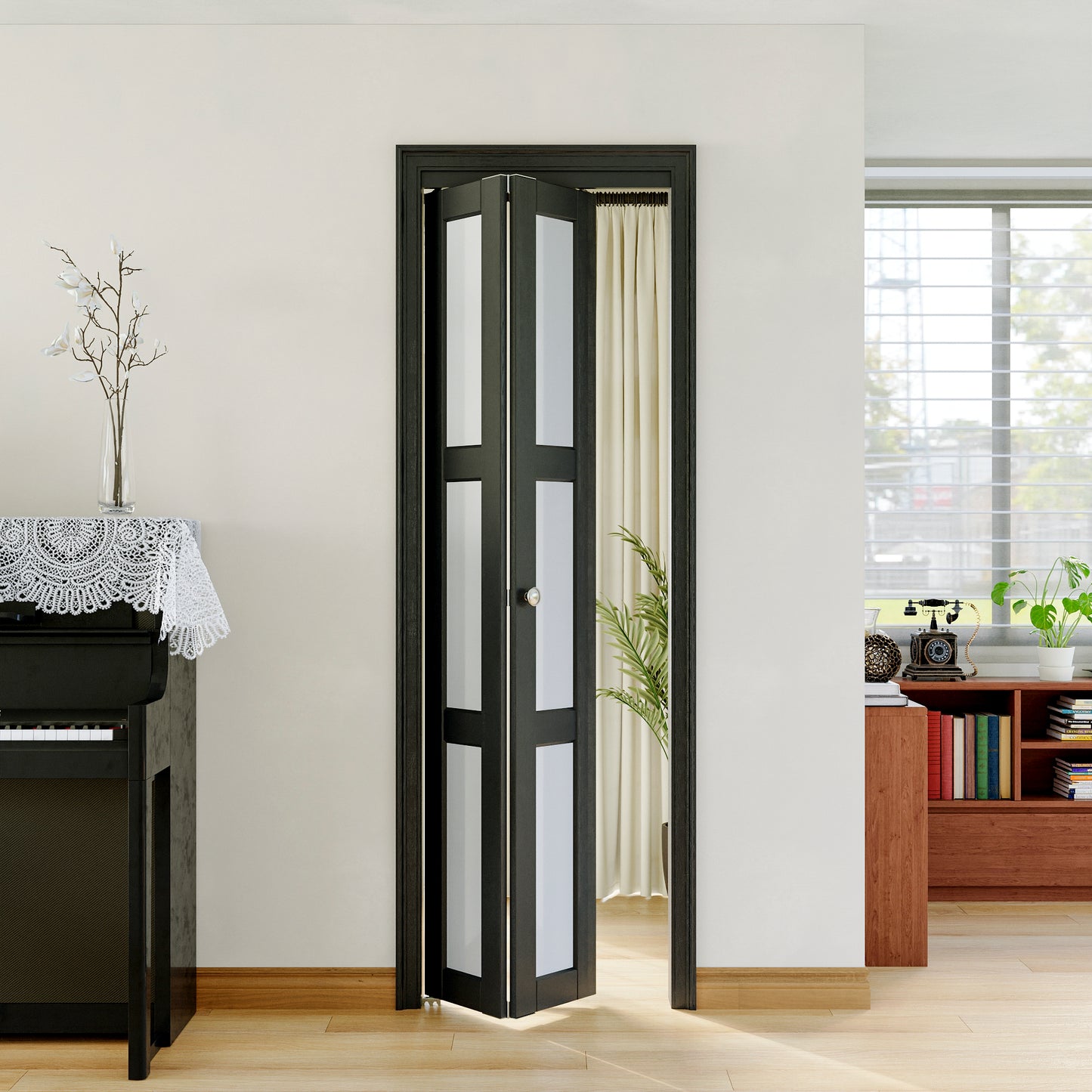 JUJUBON Bifold Doors,3-Lite Black Tempered Frosted Glass Bifold Closet Door with Sliding Hardware Kit, Interior Bi Fold Doors for Pantry, Solid Build Quality & Easy Install