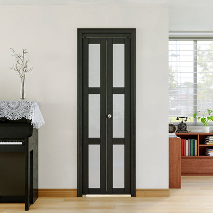 JUJUBON Bifold Doors,3-Lite Black Tempered Frosted Glass Bifold Closet Door with Sliding Hardware Kit, Interior Bi Fold Doors for Pantry, Solid Build Quality & Easy Install