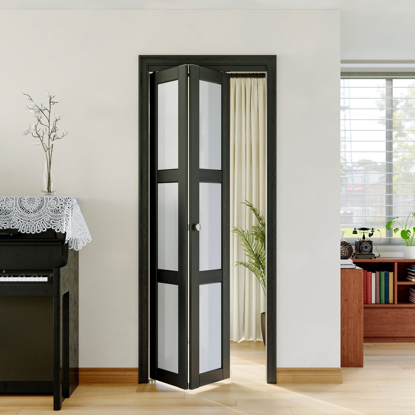 JUJUBON Bifold Doors,3-Lite Black Tempered Frosted Glass Bifold Closet Door with Sliding Hardware Kit, Interior Bi Fold Doors for Pantry, Solid Build Quality & Easy Install