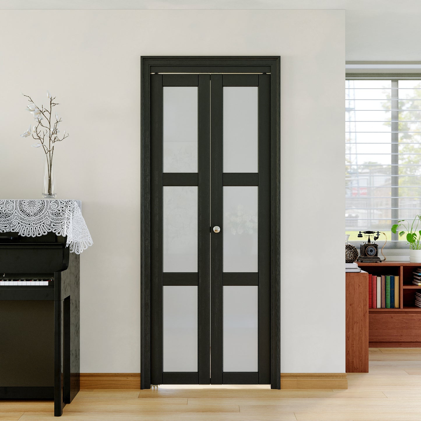 JUJUBON Bifold Doors,3-Lite Black Tempered Frosted Glass Bifold Closet Door with Sliding Hardware Kit, Interior Bi Fold Doors for Pantry, Solid Build Quality & Easy Install