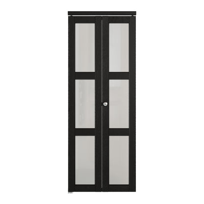 JUJUBON Bifold Doors,3-Lite Black Tempered Frosted Glass Bifold Closet Door with Sliding Hardware Kit, Interior Bi Fold Doors for Pantry, Solid Build Quality & Easy Install