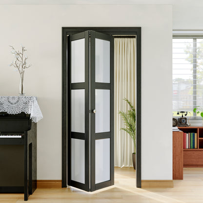 JUJUBON Bifold Doors,3-Lite Black Tempered Frosted Glass Bifold Closet Door with Sliding Hardware Kit, Interior Bi Fold Doors for Pantry, Solid Build Quality & Easy Install