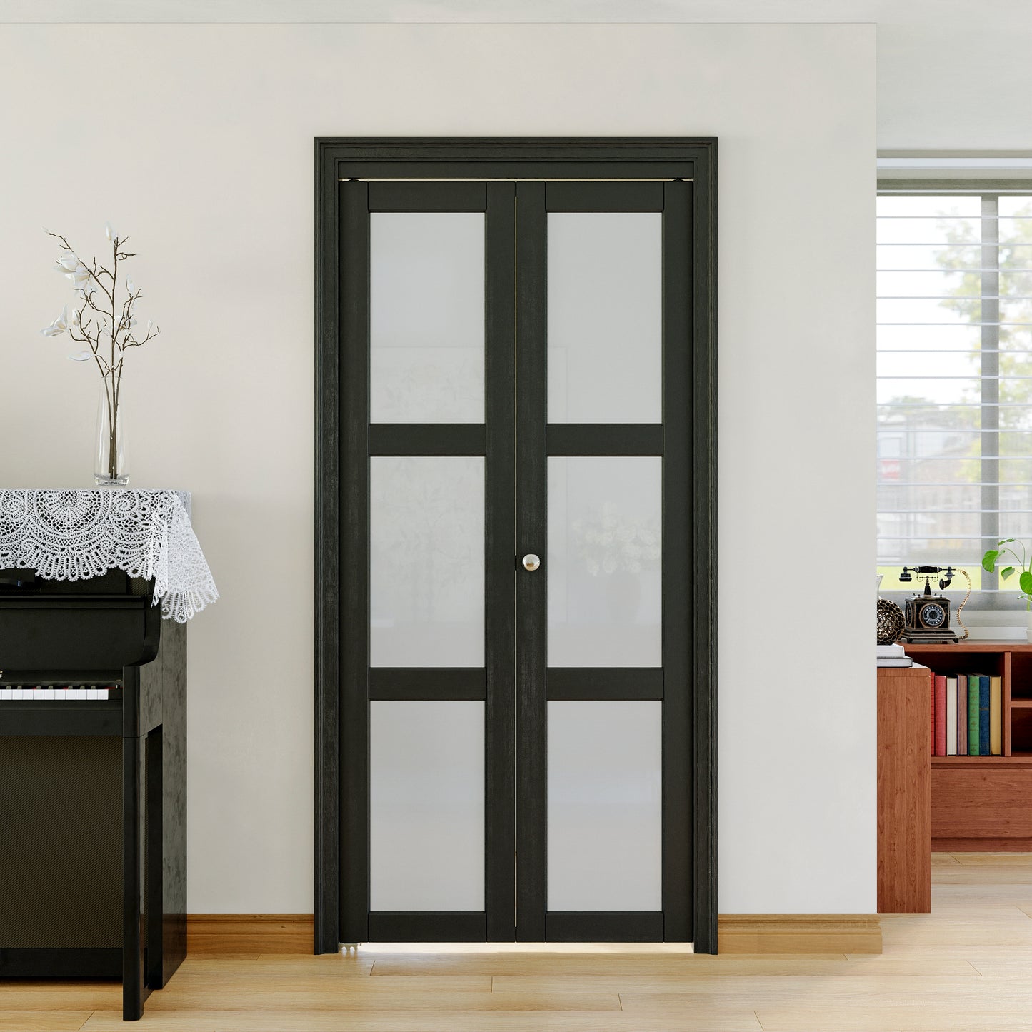 JUJUBON Bifold Doors,3-Lite Black Tempered Frosted Glass Bifold Closet Door with Sliding Hardware Kit, Interior Bi Fold Doors for Pantry, Solid Build Quality & Easy Install