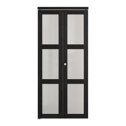 JUJUBON Bifold Doors,3-Lite Black Tempered Frosted Glass Bifold Closet Door with Sliding Hardware Kit, Interior Bi Fold Doors for Pantry, Solid Build Quality & Easy Install