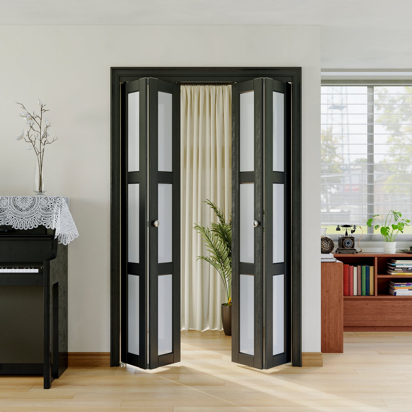 JUJUBON Bifold Doors,3-Lite Black Tempered Frosted Glass Bifold Closet Door with Sliding Hardware Kit, Interior Bi Fold Doors for Pantry, Solid Build Quality & Easy Install