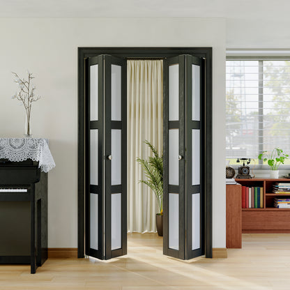 JUJUBON Bifold Doors,3-Lite Black Tempered Frosted Glass Bifold Closet Door with Sliding Hardware Kit, Interior Bi Fold Doors for Pantry, Solid Build Quality & Easy Install