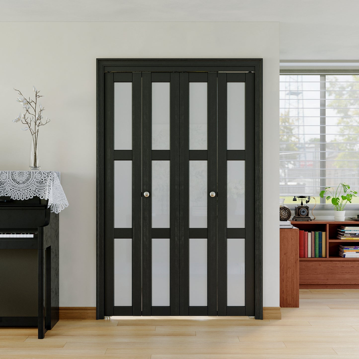 JUJUBON Bifold Doors,3-Lite Black Tempered Frosted Glass Bifold Closet Door with Sliding Hardware Kit, Interior Bi Fold Doors for Pantry, Solid Build Quality & Easy Install